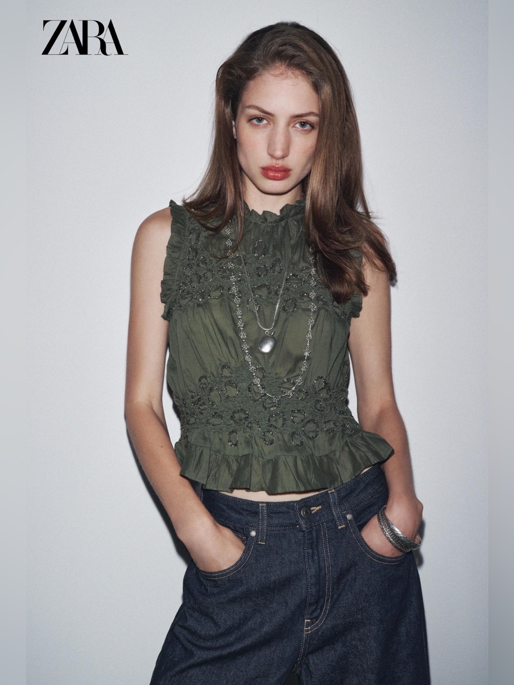 ZARA ZW Collection Cotton Beaded Top